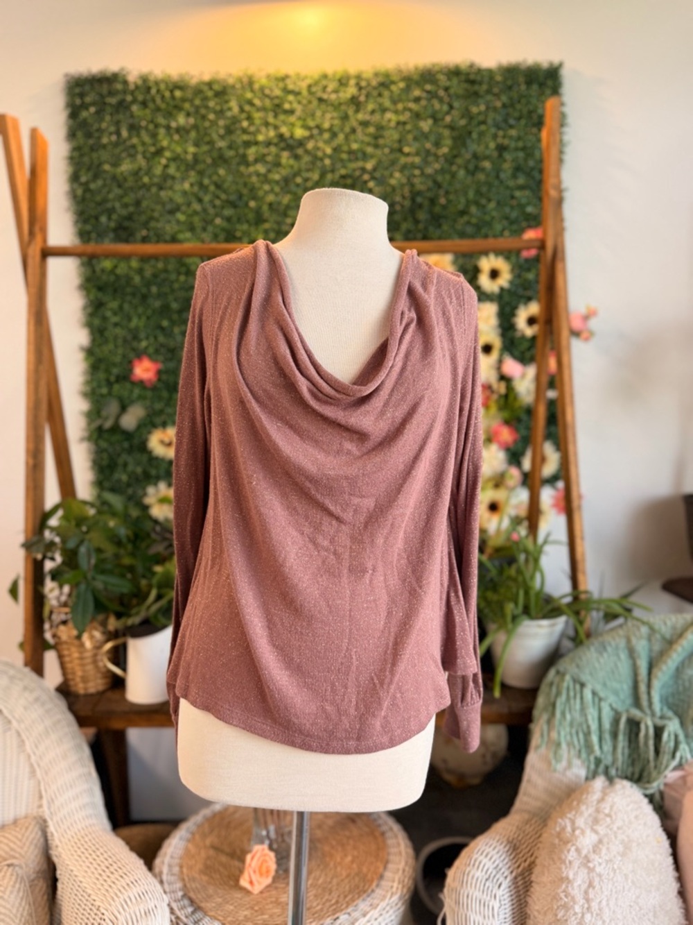 Free People Dusty Rose Cowl Neck Lightweight Sweater